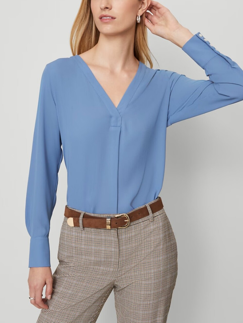 Ann Taylor Slate Blue Mixed Media Pleat Front Long Sleeve Blouse Size Medium